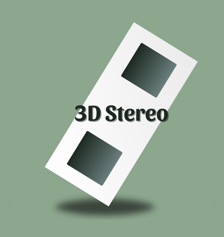 Image of a 3D stereo slide with two squares labeled '3D Stereo' on a green background.