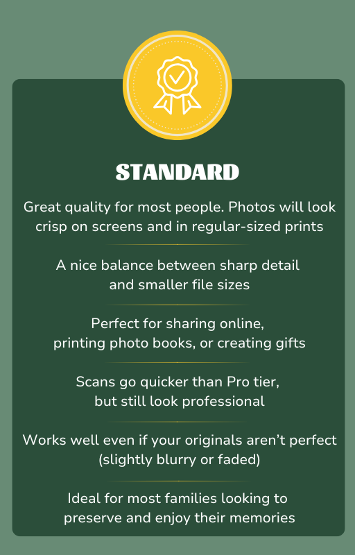 Informational card titled "Standard" with a yellow badge icon. Text describes photo quality for screens, regular prints, balance between detail and file size, suitability for sharing and printing, faster scan times compared to Pro tier, and compatibility with imperfect originals. Labels it ideal for families preserving memories.