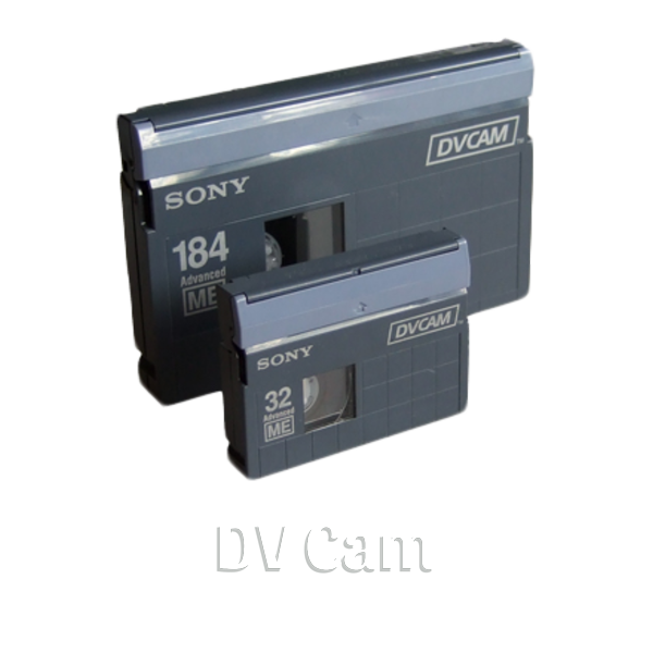 Two Sony digital video cassette tapes, one 184-minute and one 32-minute, used for camcorders, with the text 'DVCAM' on their labels.