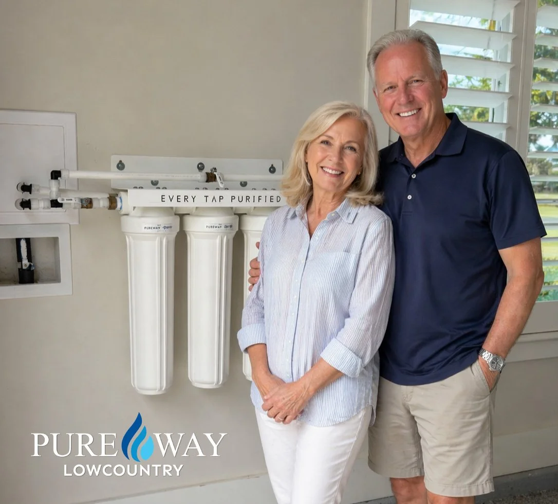 happy homeowner couple stands in front of Pure Way Water Filter System