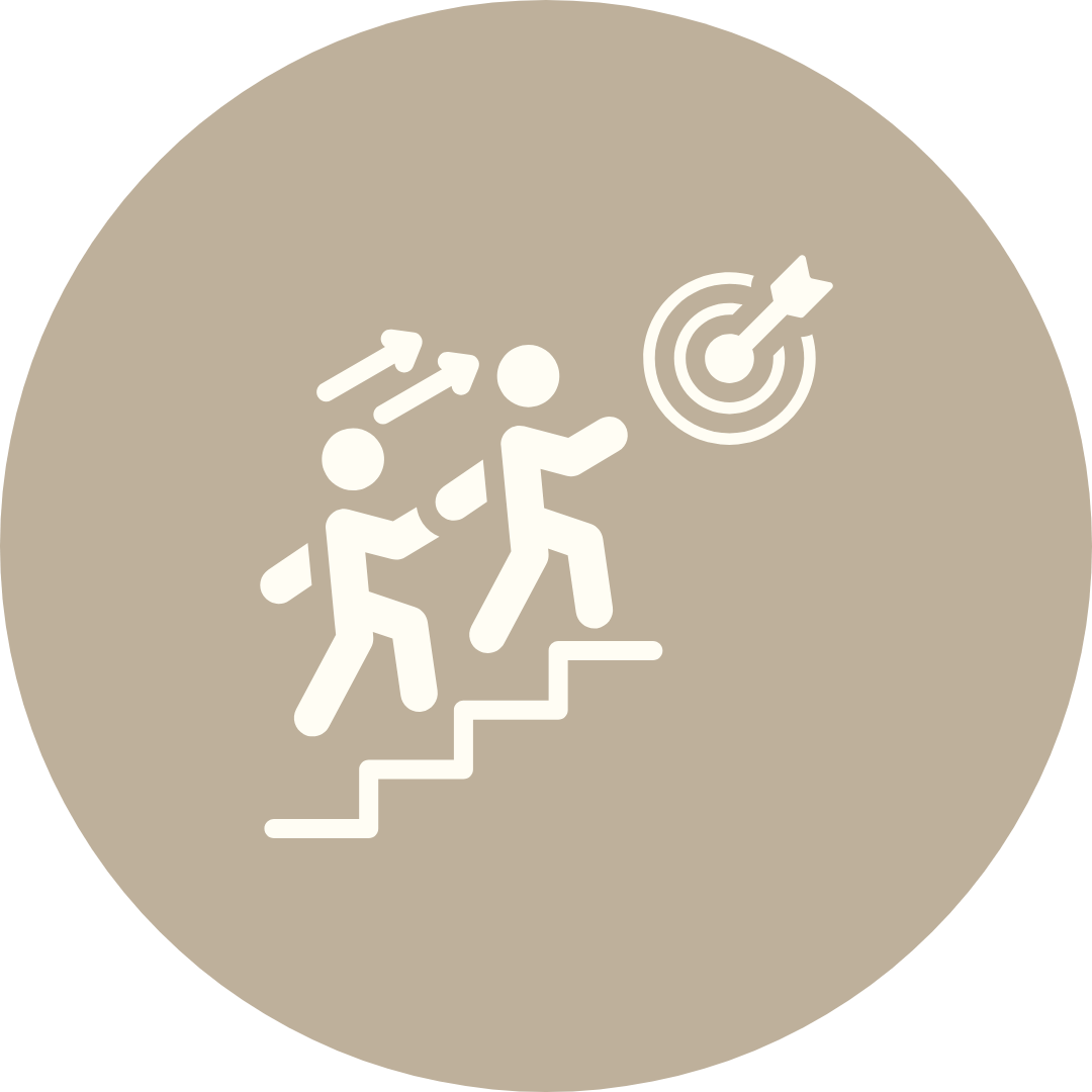An illustration of two people walking uo a flight of stairs towards a bulls eye.