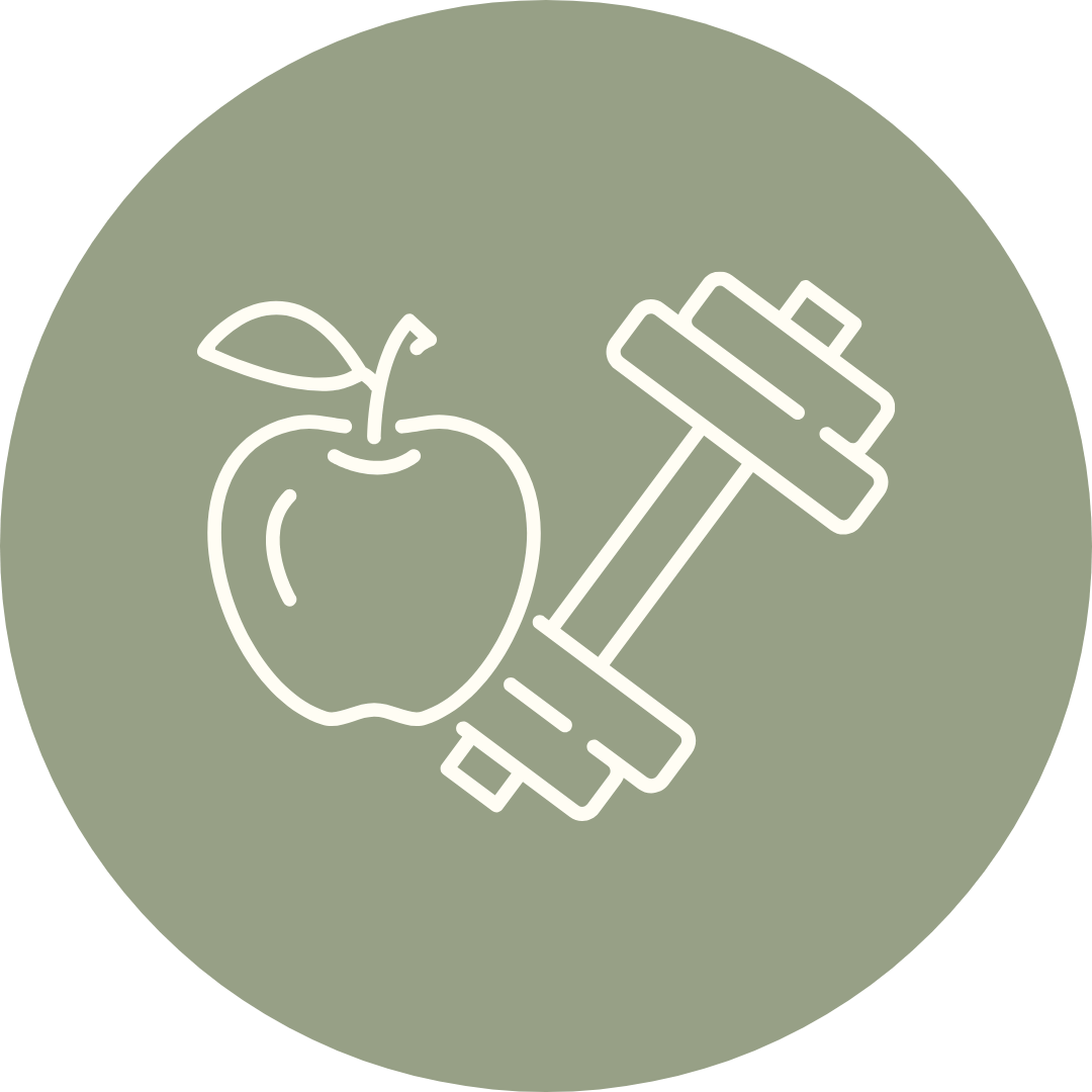 An illustration of an apple and a dumbbell.
