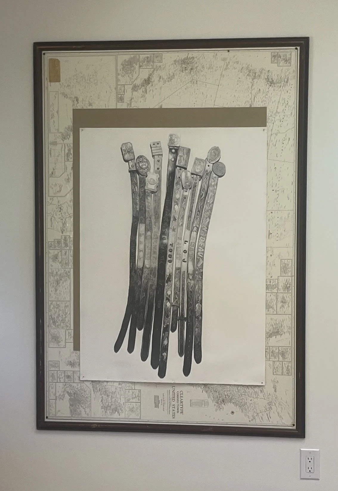 Steven Bankhead,
Belt,
Graphite on paper, found frame, matboard, map pins,
64.5 x 45 x 1,
2026
