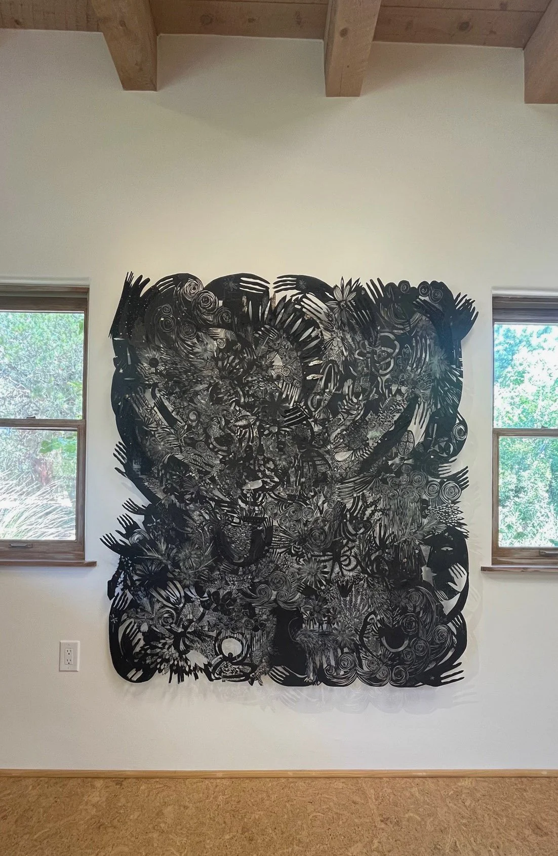 Demeter , Oil stick, glitter, sequins, glue, graphite on hand cut paper, 58 x 65 inches, 2025