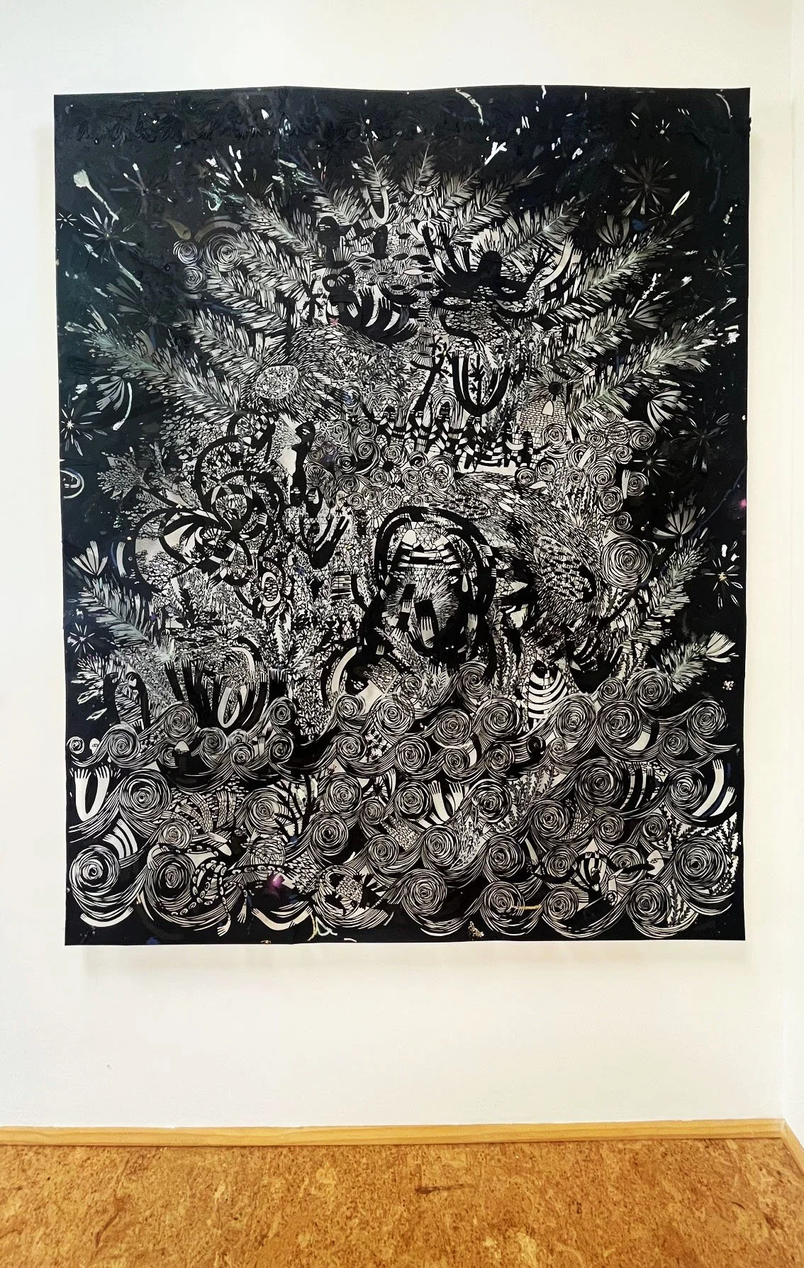 Look what you have already dawned , Oil stick, glitter, sequins, glue, graphite on hand cut paper, 61 x 49 inches, 2025