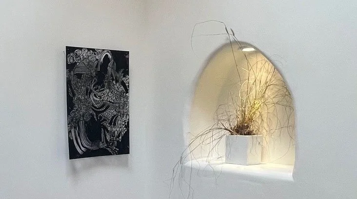This way is surrounded by hellish magic , Oil stick, glitter, sequins, glue, graphite on hand cut paper, 70 x 69 inches, 2025