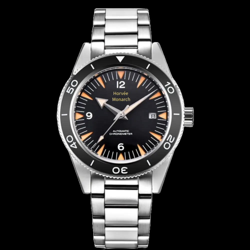 A silver wristwatch with a black dial, orange hour markers, and a rotating bezel, displaying the date and the brand name 'Horvé Monarch'.