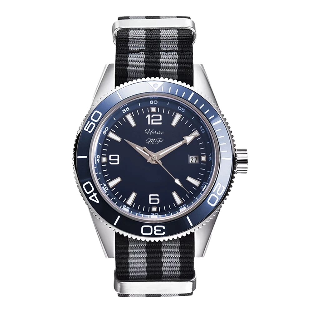 A men's wristwatch with a black, white, and gray striped NATO strap, a blue dial, white hour markers, and a rotating bezel with a 60-minute scale.