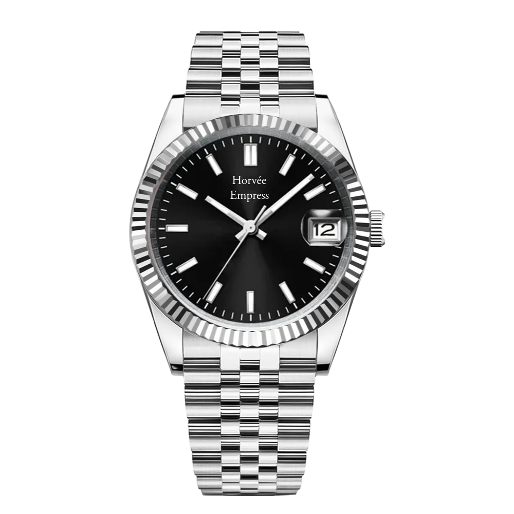 A silver wristwatch with a black dial, displaying the brand names 'Horvée' and 'Empress,' featuring a date window at 3 o'clock, with a stainless steel bracelet and a fluted bezel.