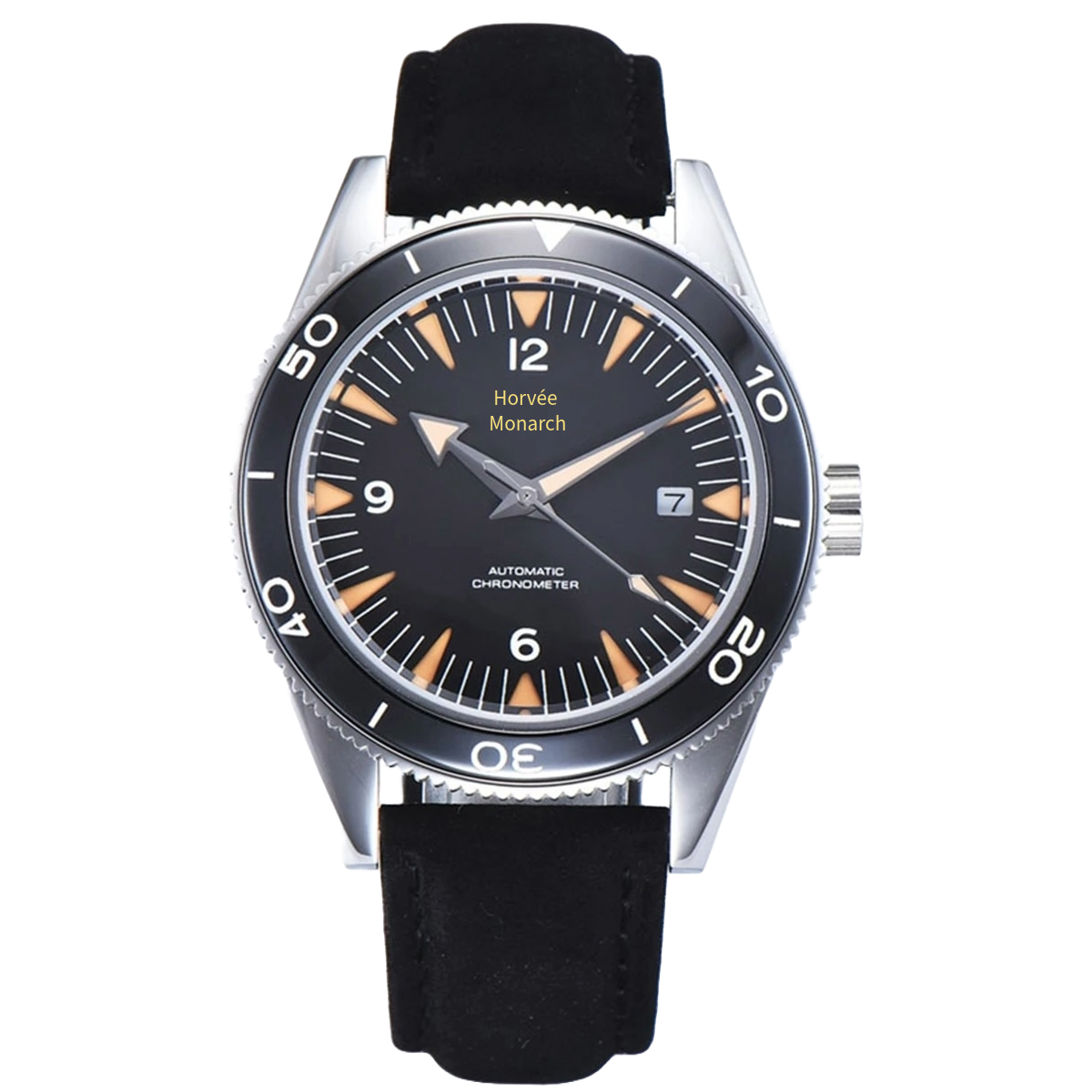 Close-up of a black-dial wristwatch with a black leather strap, silver case, and rotating bezel with minute markers, displaying the time as 9:08:23, with a date window showing the number 7.