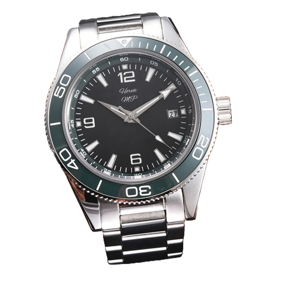 A silver wristwatch with a black dial, white hour markers, and a rotating bezel with minute markings. The watch has a date window at 3 o'clock and three hands showing hours, minutes, and seconds. The brand name on the dial reads "Harvee M.P."