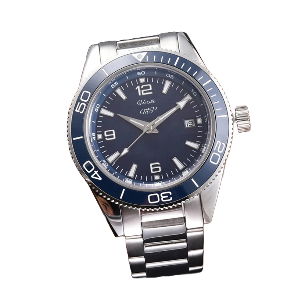 A silver wristwatch with a blue face, white and silver hour markers, and a date window showing the 19th. The watch has a metal band and a rotating bezel with minute markings.