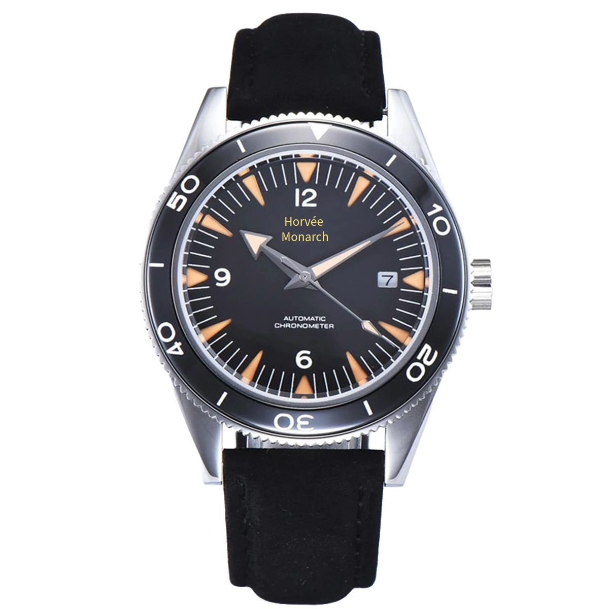 Black dial wristwatch with silver bezel and black strap, displaying the time 10:19, date 7, with the brand name "Horvé Monarch" on the face.