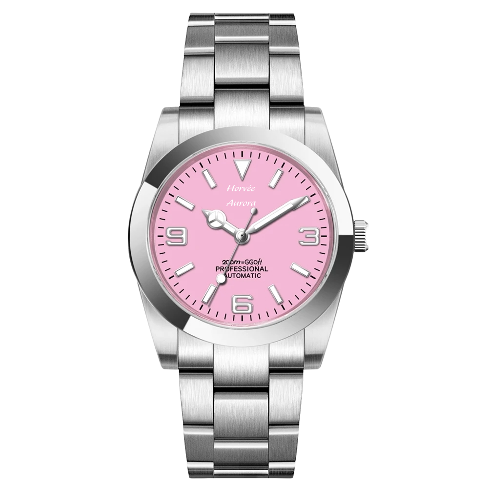 A men's wristwatch with a silver metal band and casing, pink dial, white hour markers, and hands. The watch face has the words 'Horée Aurora' and specifications like '200m=GGOFF PROFESSIONAL AUTOMATIC' written on it.