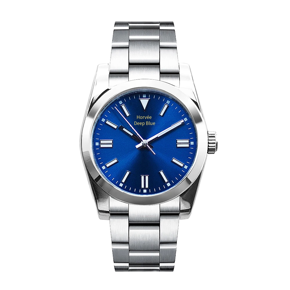 A silver wristwatch with a deep blue face, silver hour markers, and hands, displaying the brand name Horvée Deep Blue.