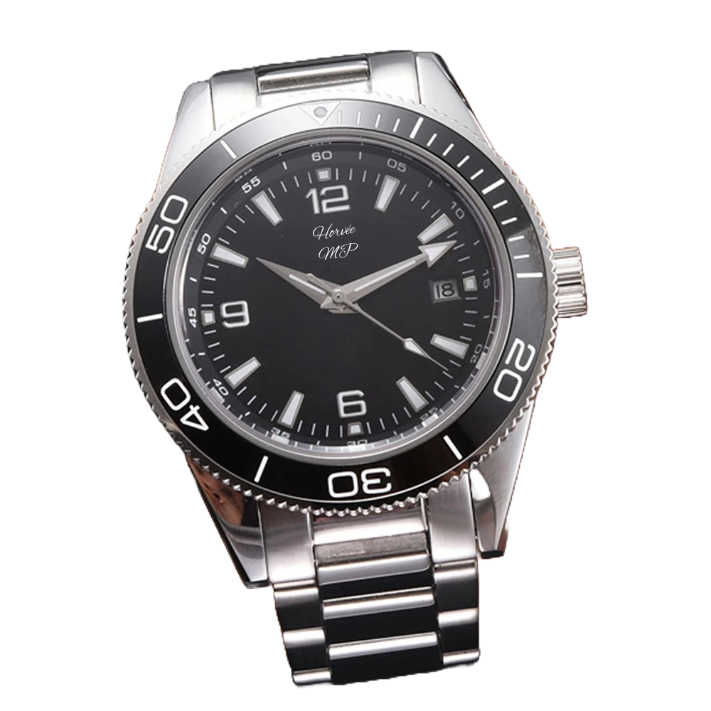 A silver wristwatch with a black dial, rotating bezel with minute markers, silver hour and minute hands, a small second hand, a date window showing the 18th, and the brand name “Horvee MP” on the face.