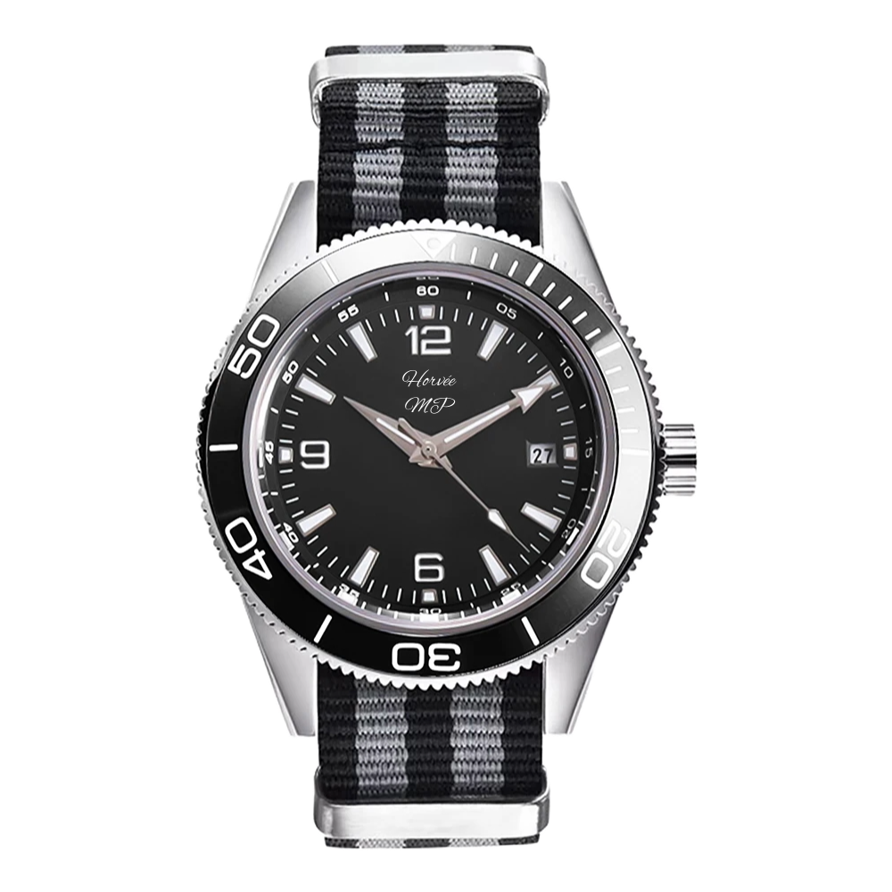 A wristwatch with a black dial, silver bezel, and a black and gray striped fabric strap.
