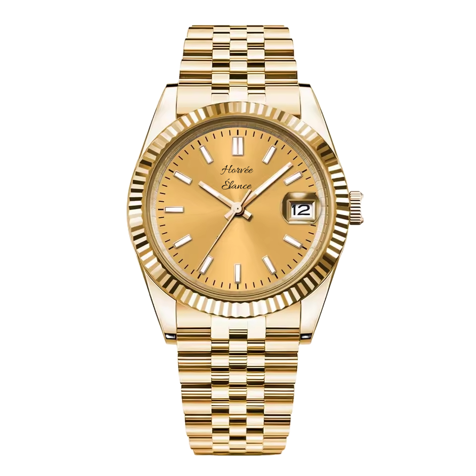 Gold wristwatch with a gold face, gold bracelet, and a date display, styled in a classic design.