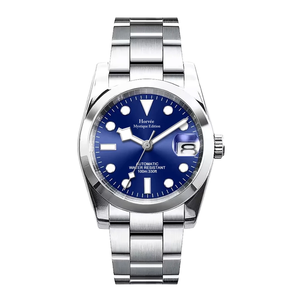 A silver wristwatch with a blue face and a metal band, displaying the brand name Horvéé. The watch shows the time as approximately 10:09 with a date window displaying the number 8.