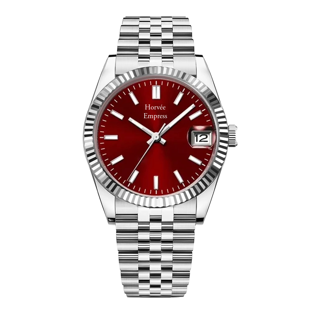 Silver wristwatch with a red dial, date window at 3 o'clock, and a silver metal band.