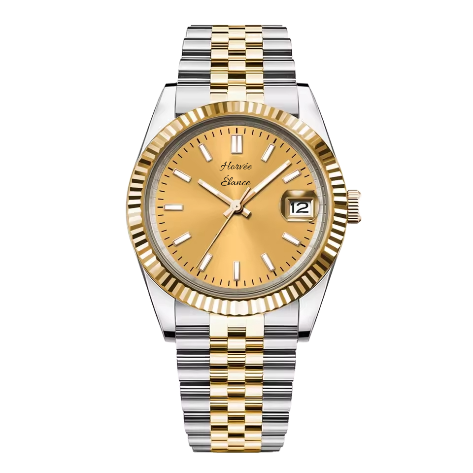 A gold and silver two-tone wristwatch with a gold face, gold rimmed bezel, and date display at 3 o'clock.