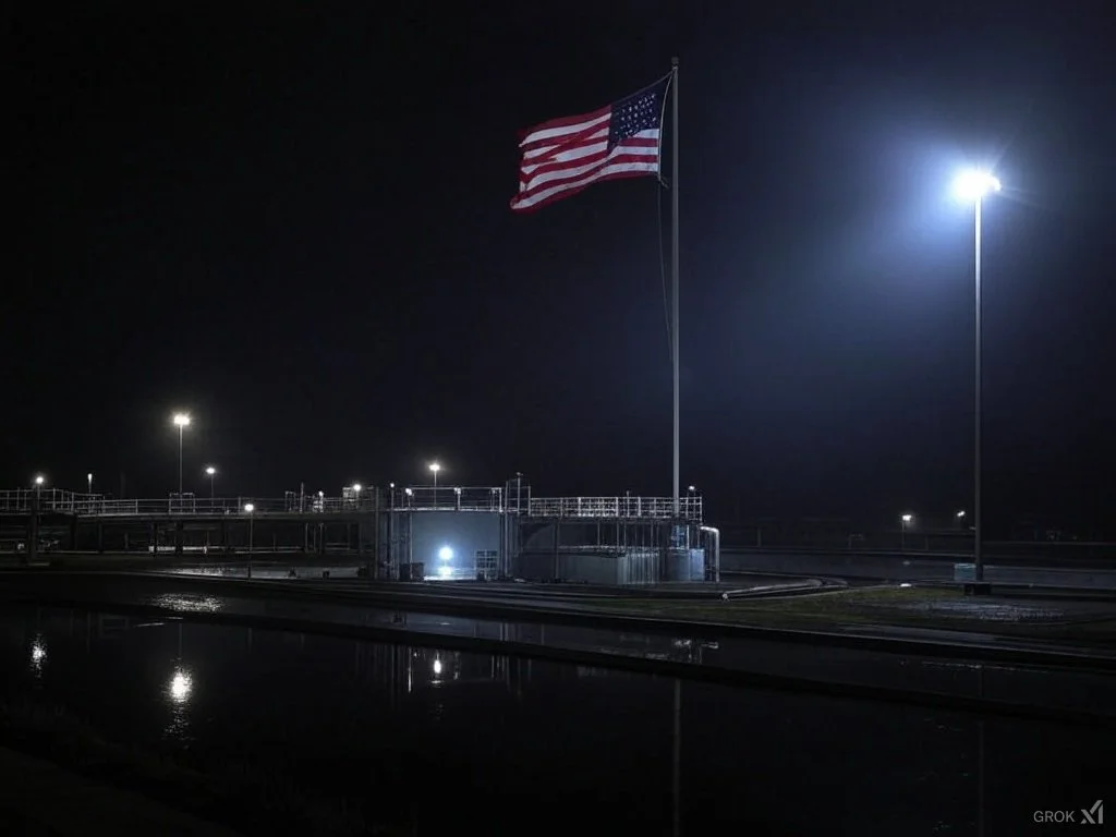 American flag illuminated at night, with industrial structures and lights reflected in a body of water.