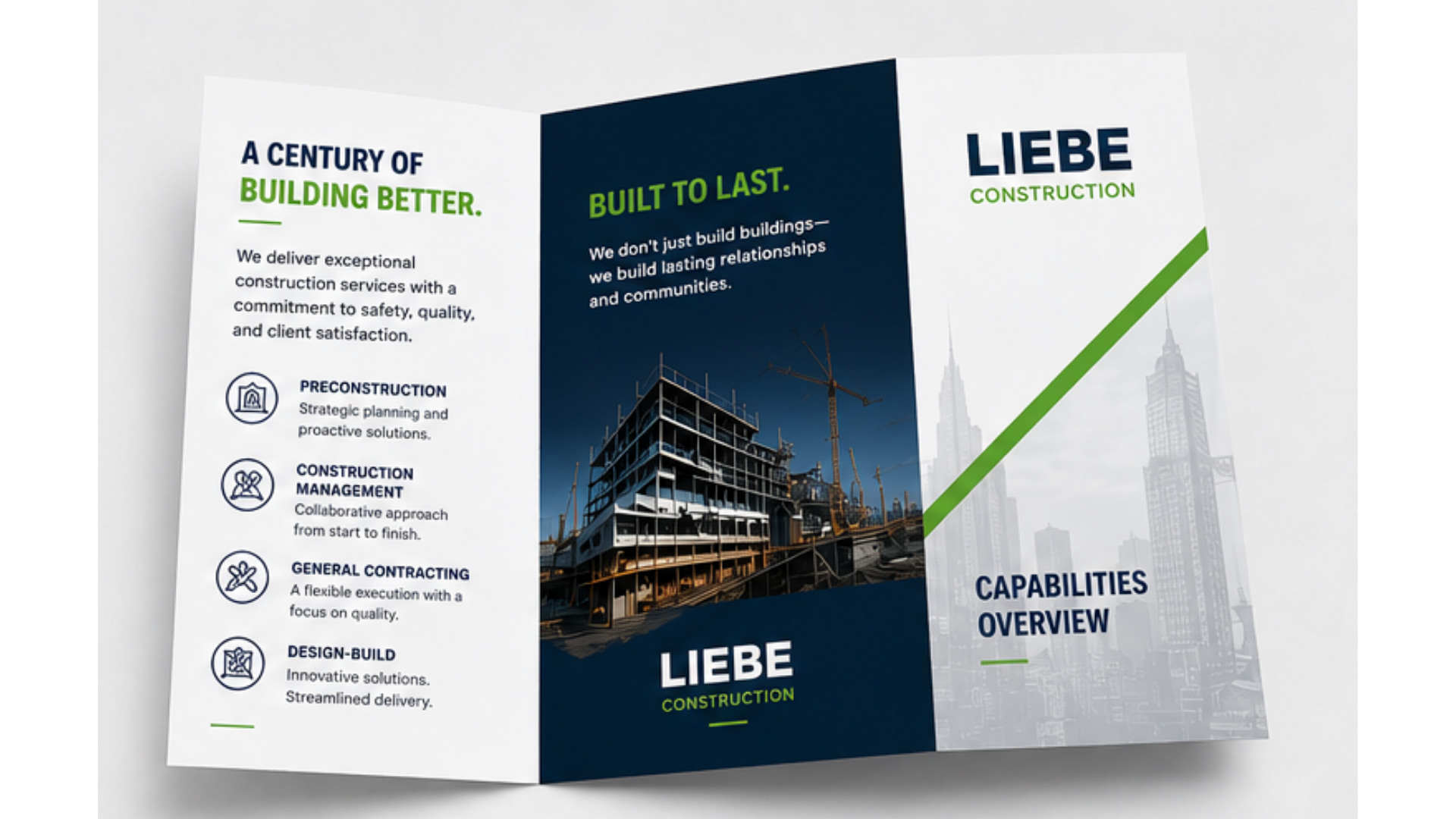 Brochure with construction company information, featuring images of a building under construction and city skyline, with green and blue text.