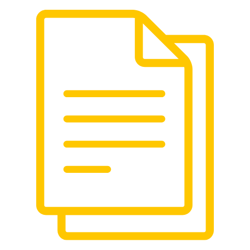 Icon of a document with lines representing text, yellow outline on black background.