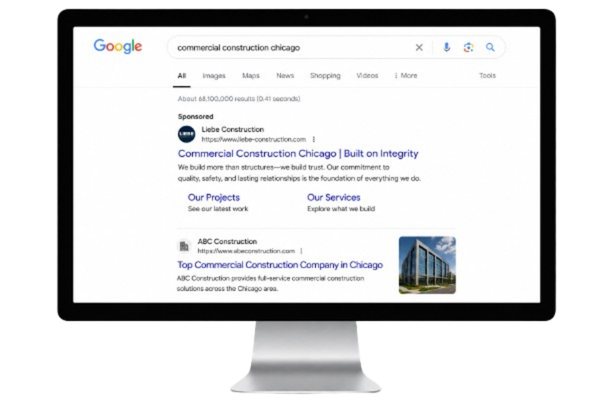 Computer monitor displaying a Google search results page for 'commercial construction chicago' with links to construction companies.