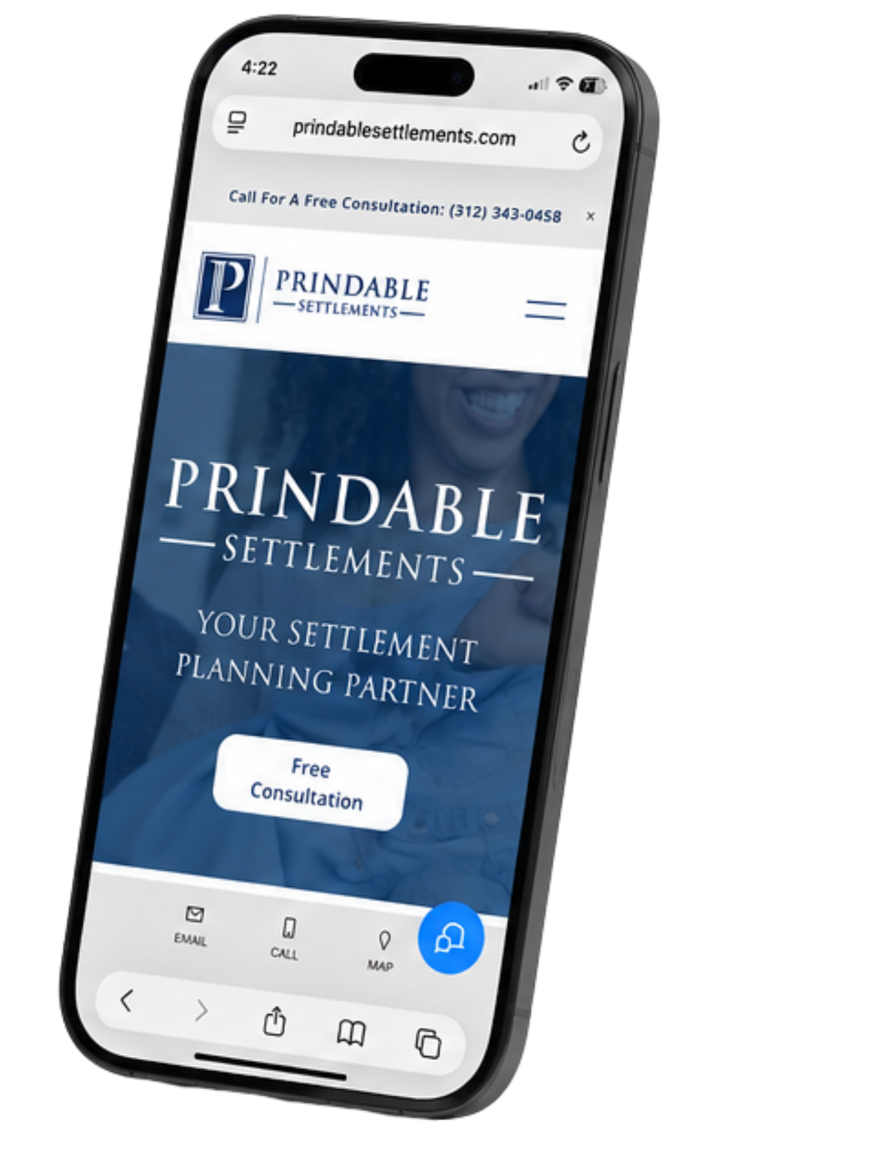 Mobile phone screen displaying the Prindables Settlements website with contact information, a promotional message for a free settlement consultation, and navigation icons at the bottom.