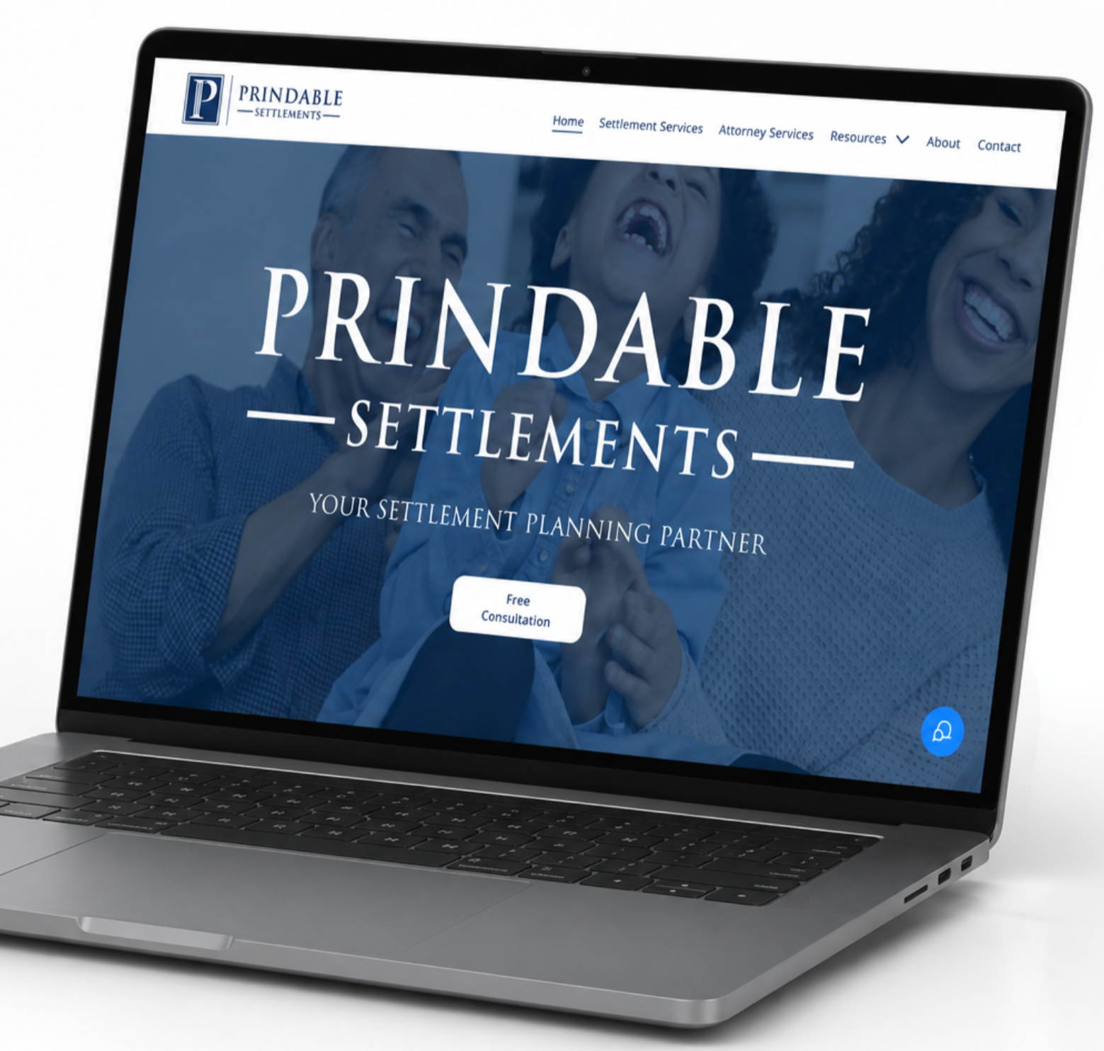 Laptop showing a website for Prindable Settlements, a settlement planning service, with a navigation menu, a logo, and a promotional message about free consultation.