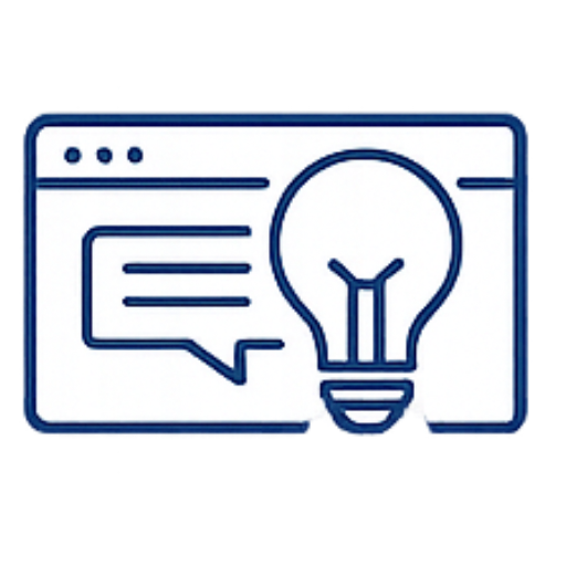 Icon of a speech bubble and a lightbulb inside a browser window outline, representing ideas and communication.