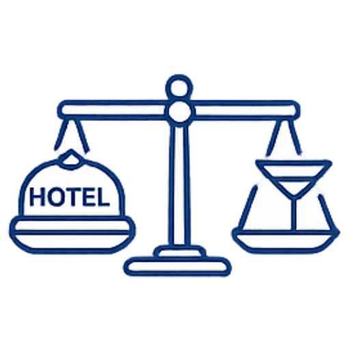 A scale with a hotel bag on one side and a glass of wine on the other side.