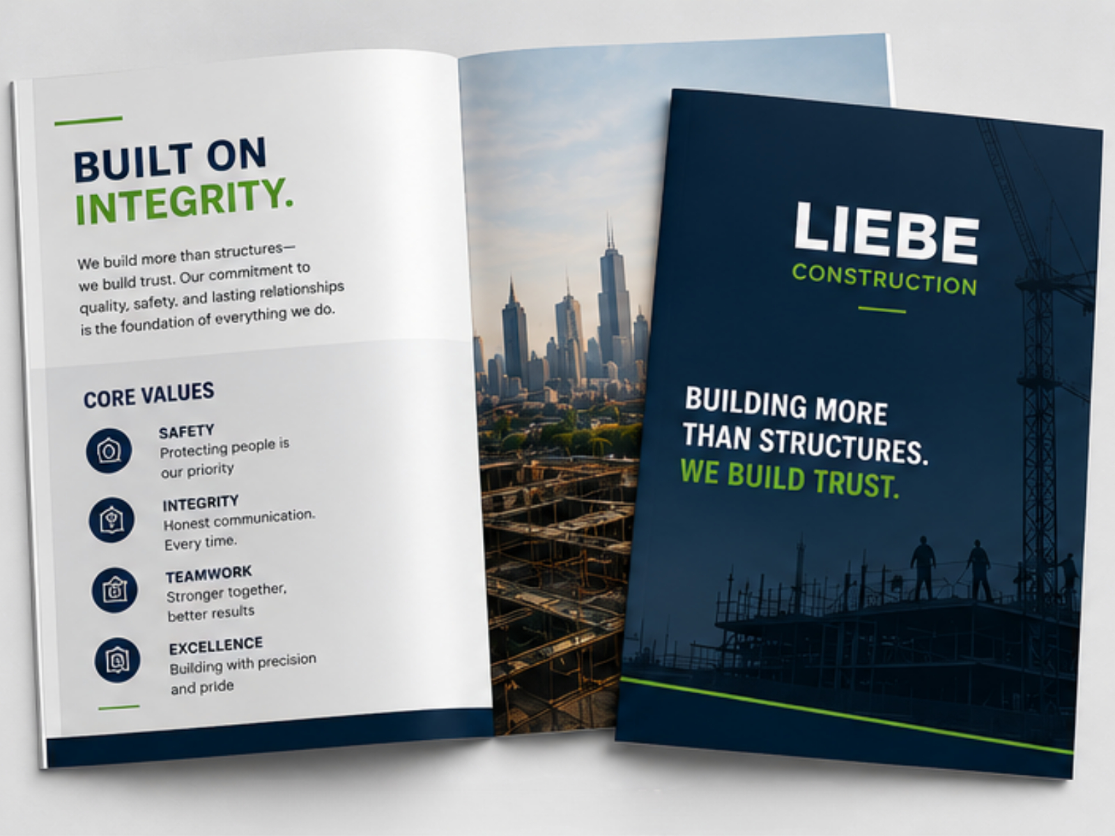 Brochure featuring a construction company named Liebe Construction with a skyline photo and a list of core values including safety, integrity, teamwork, and excellence.