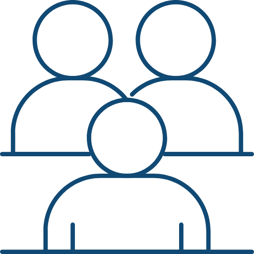Outline drawing of three people, one in the foreground and two in the background.