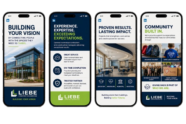Four smartphones displaying LinkedIn promotional screens for Liebre Construction Services, each emphasizing different aspects of their services including building visions, expertise, proven results, and community support.