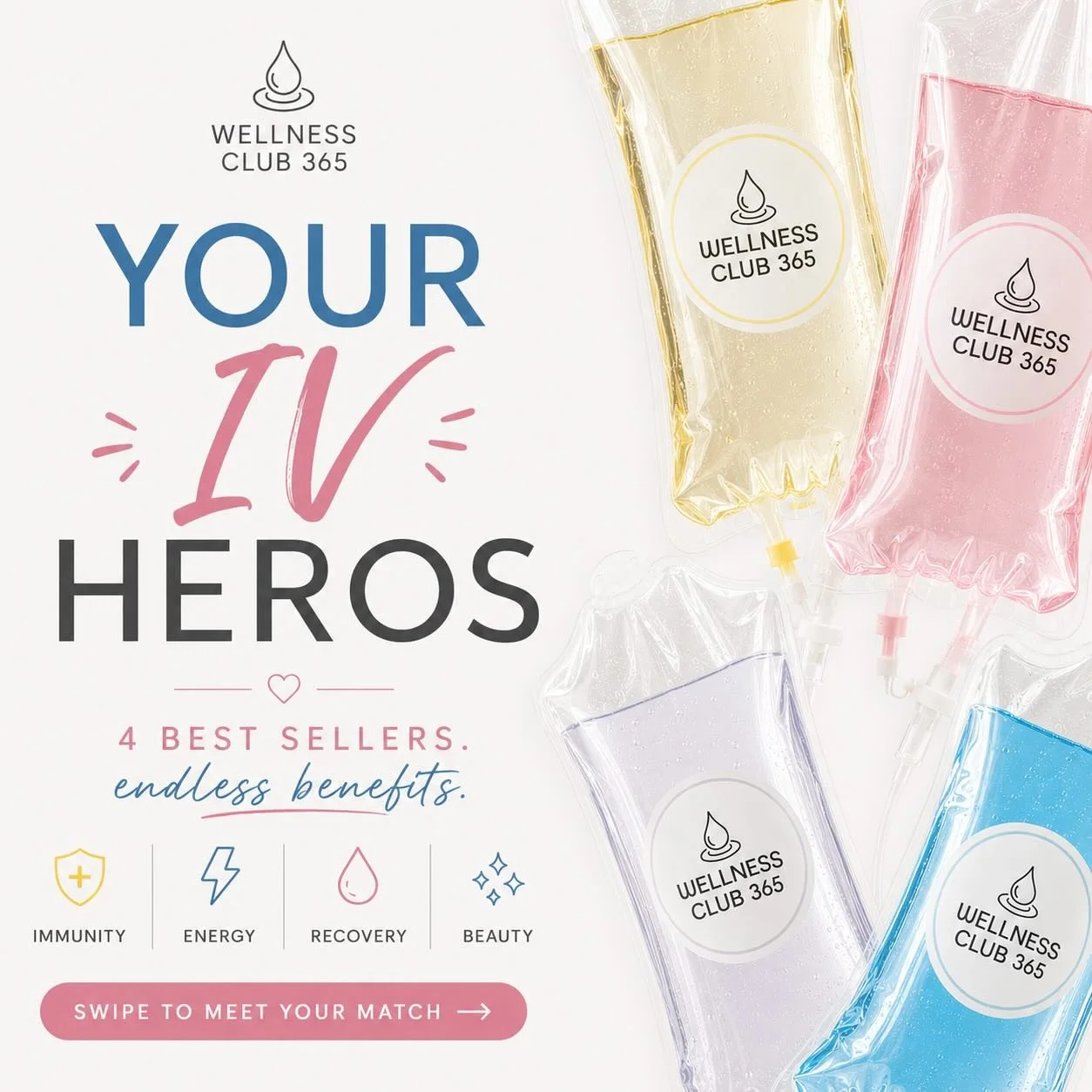 From hydration and immunity support to recovery, beauty, and energy &mdash; these are some of our most requested IV therapies at Wellness Club 365.
💛 Immunity IV ⚡ NAD+ IV 🍋 Hangover IV ✨ Beauty IV
Luxury wellness delivered directly to your home by