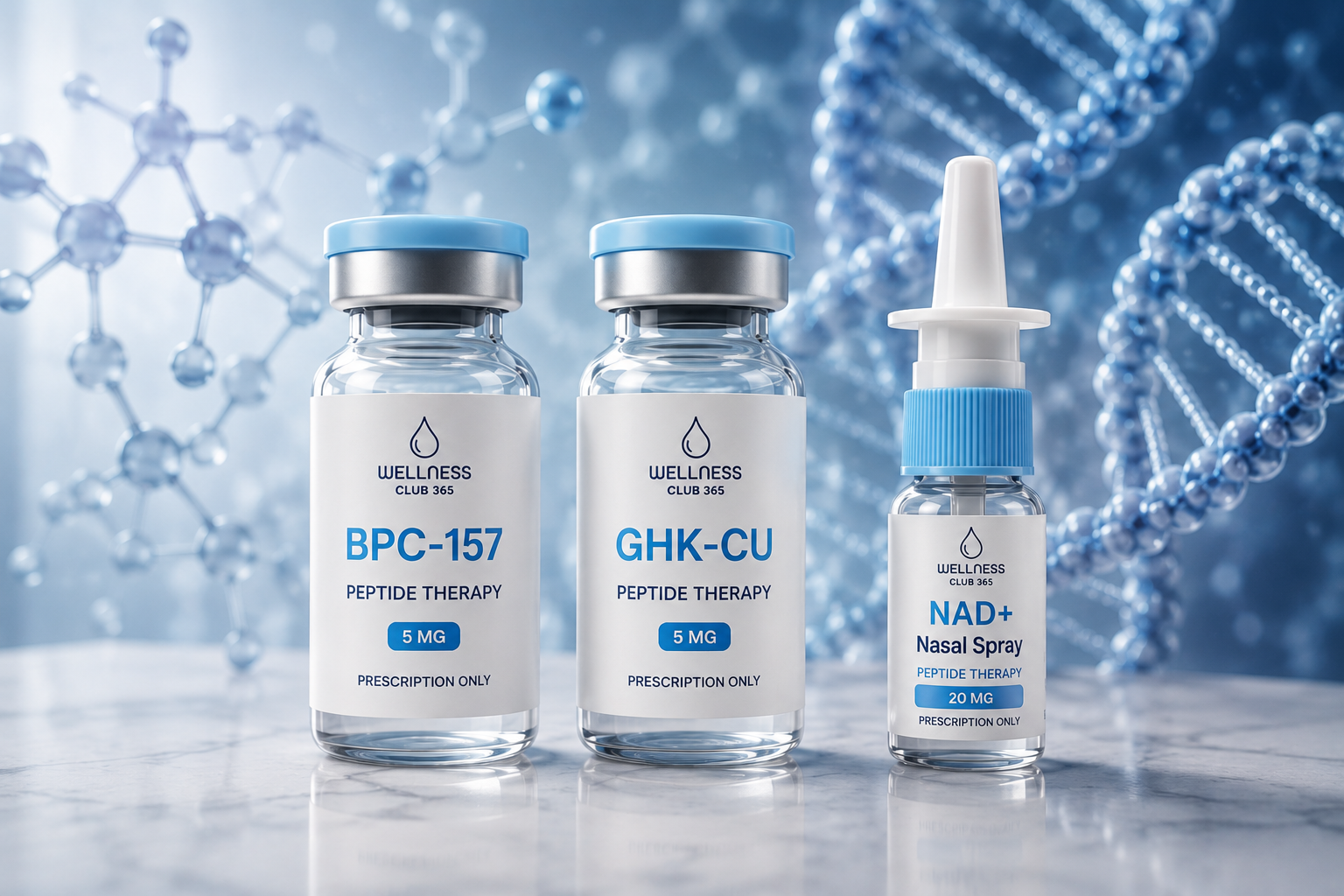 Two medical bottles, one labeled 'Peptide Therapy' and the other labeled 'NAD+ Nasal Spray', both from Wellness Club 365, against a light blue background.