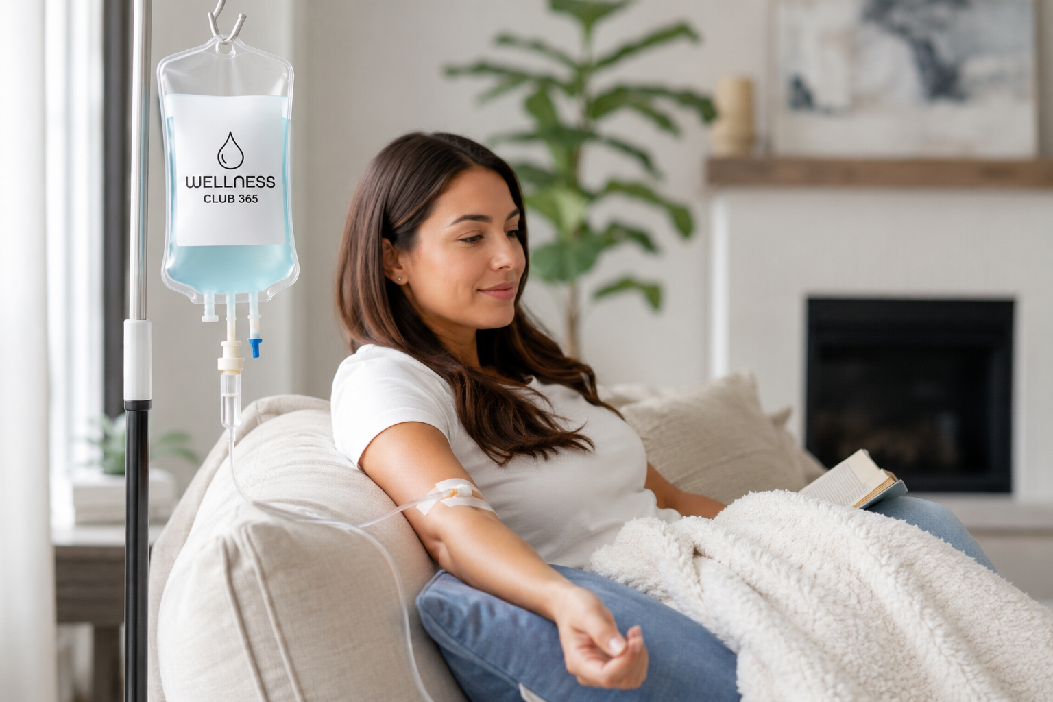 An IV therapy bag labeled 'Immunity+ IV Treatment' from Wellness Club 365, used to strengthen the immune system and prevent or fight viral illnesses, against a light blue background.