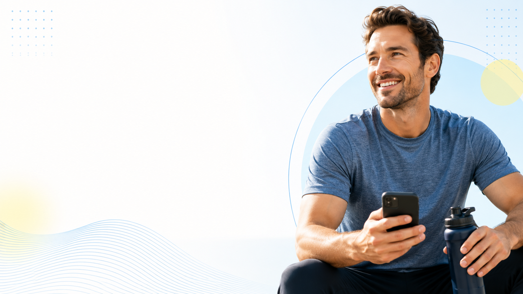 Smiling man in blue athletic shirt holding a smartphone and a water bottle, sitting outdoors with a light blue background and subtle graphic design elements.