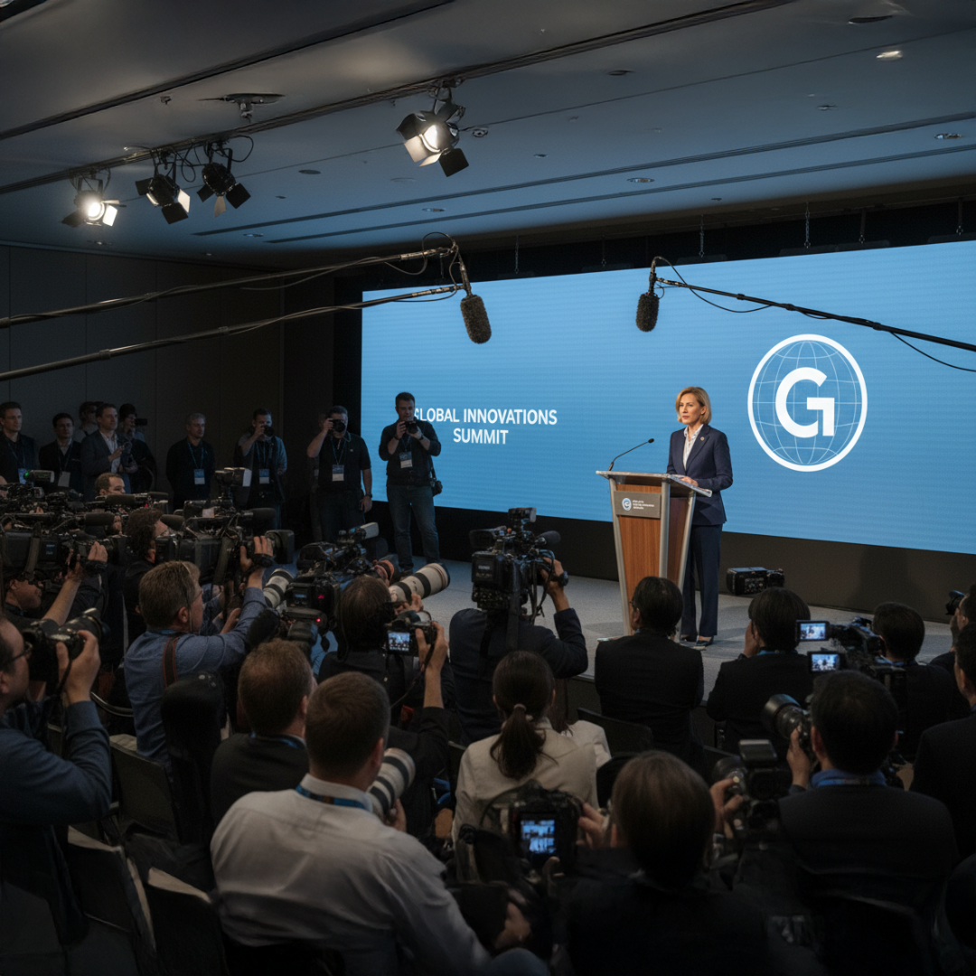 A woman in a blue suit standing at a podium giving a speech at the Global Innovations Summit, with a large screen behind her displaying the event's title and logo. Several photographers and reporters are capturing the event, with multiple cameras and microphones positioned around the speaker.