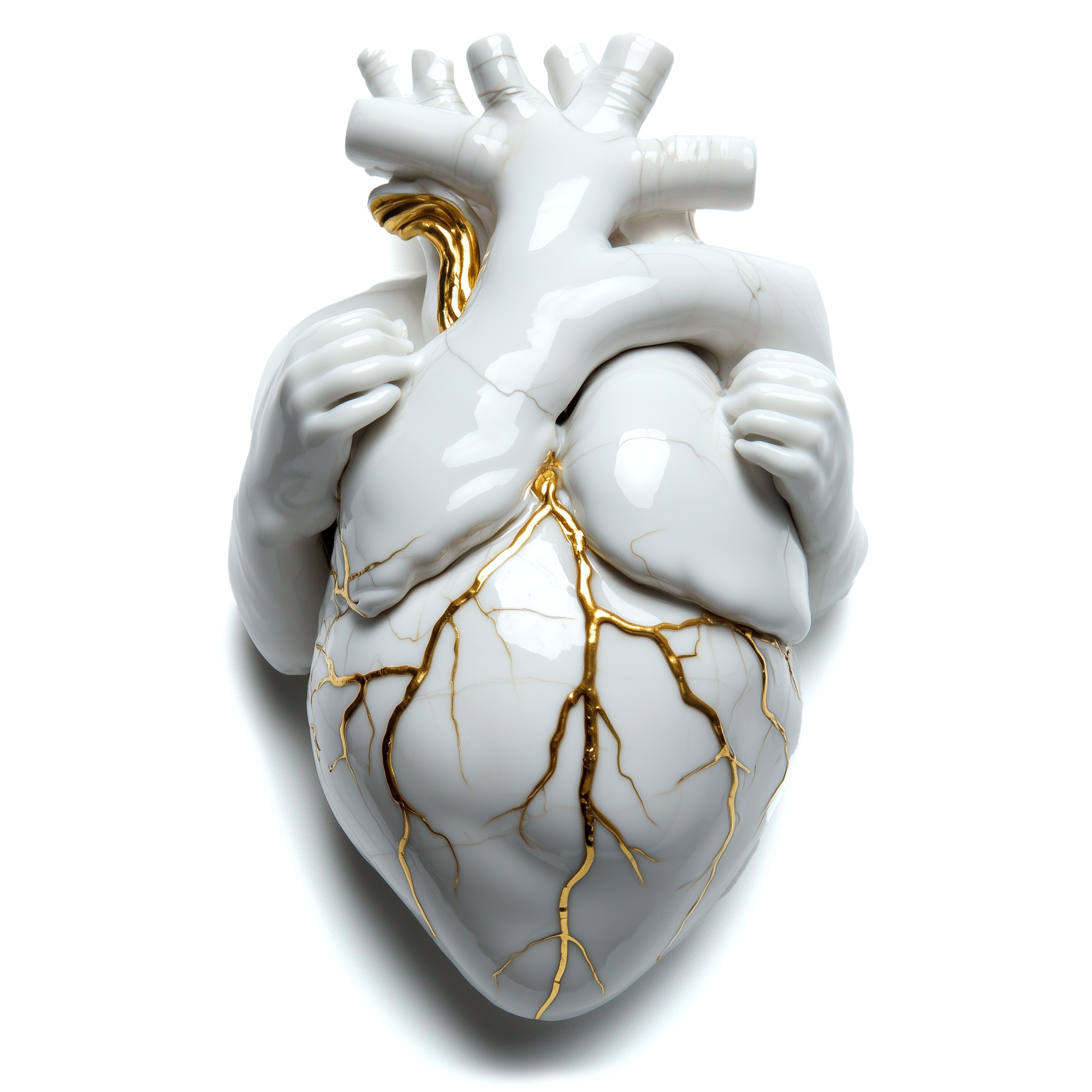 album cover for Ozark Henry's album "August Parker", A sculpture of a human heart with a white marble finish and gold accents highlighting the arteries and veins.