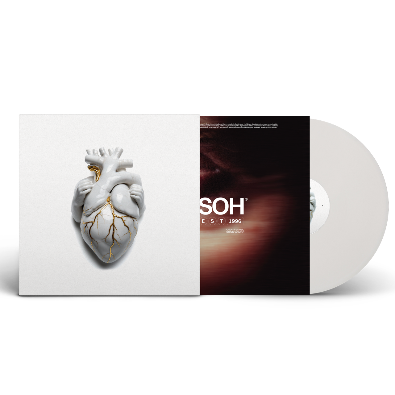 Vinyl album ‘August Parker’ by Ozark Henry. This is the 10th album by Ozark Henry and the first new music since 2017. On the cover is a white heart made of porcelain with vains of gold. Two hands are holding on to the white heart.