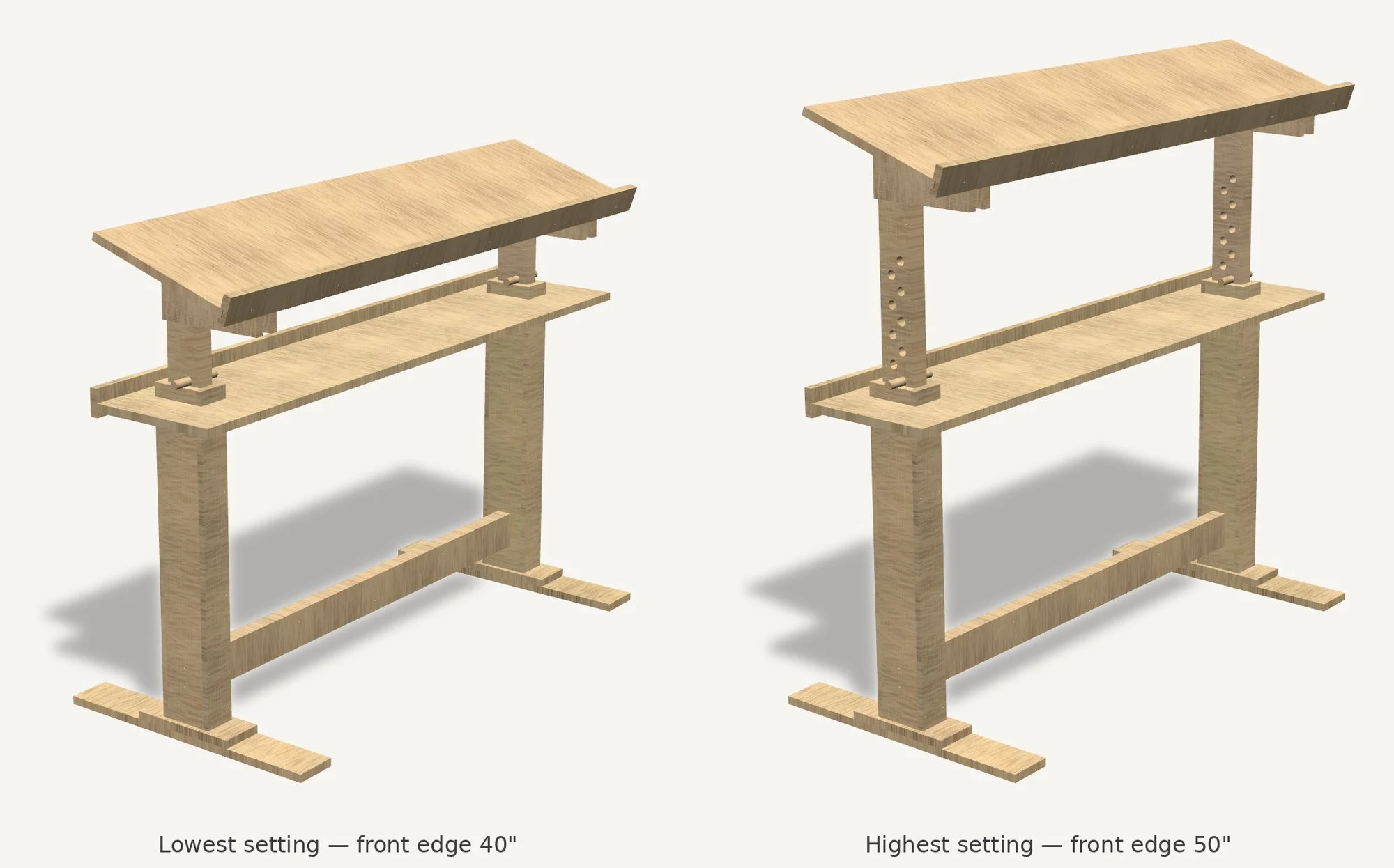 The same choir desk at its lowest and highest settings, 40 and 50 inches at the front edge