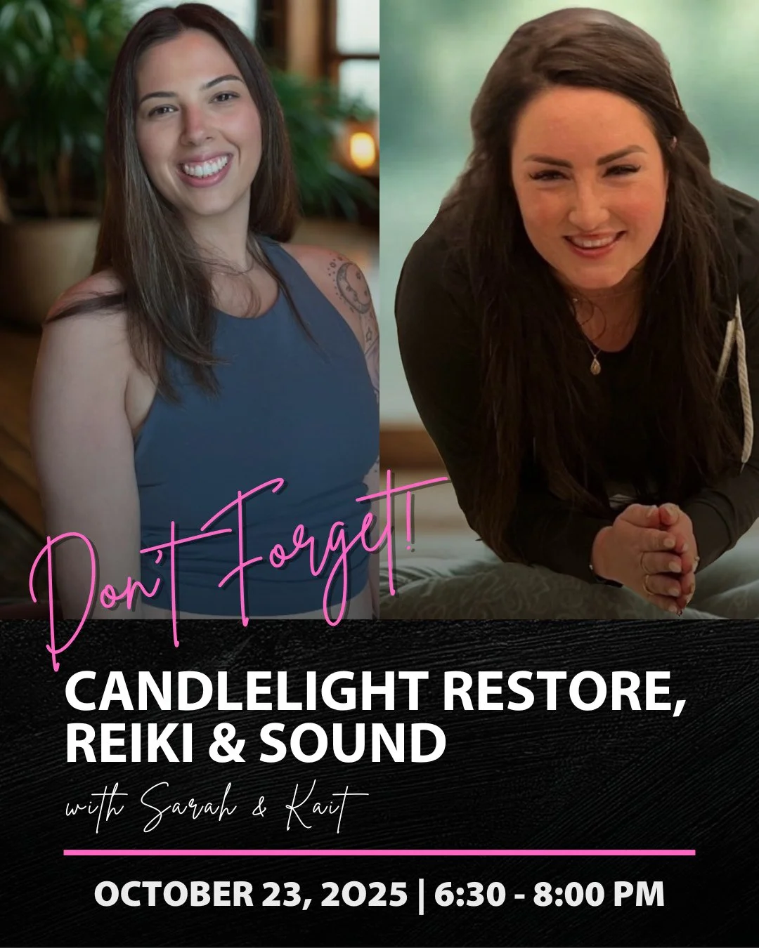 ✨ TWO Spots Left ✨⁠
⁠
Our Candlelight Restore, Reiki &amp; Sound evening with Kait + Sarah is happening this Thursday, 10/23, and there are only a few spots left!⁠
⁠
A slow, grounding evening to help you reset and recharge, featuring:⁠
⁠
🧘 Gentle Re