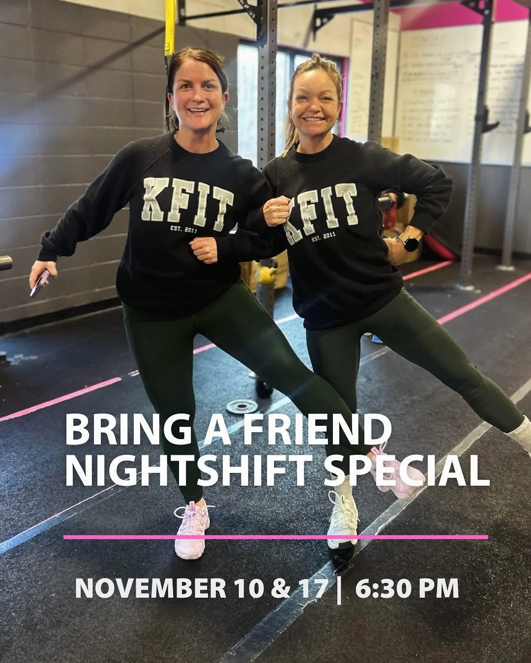 👯&zwj;♀️ November Bring a Friend Nights! 

Grab your bestie and join us Monday, Nov 10 &amp; 17 at 6:30 PM for our signature full-body strength class &mdash; FREE for members + guests.

Same program, same energy, just more fun when you bring your cr