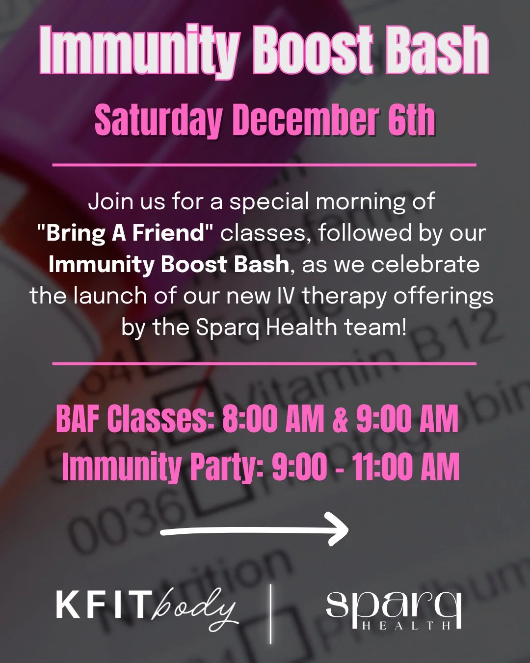 Don&rsquo;t be that friend who takes down the group chat😷Come sweat, sip, drip, and stay strong before the sniffles start spreading faster than holiday cheer. 🦠 ⁠
⁠
Boost your defenses and join us for our Immunity IV Launch Party led by the amazing