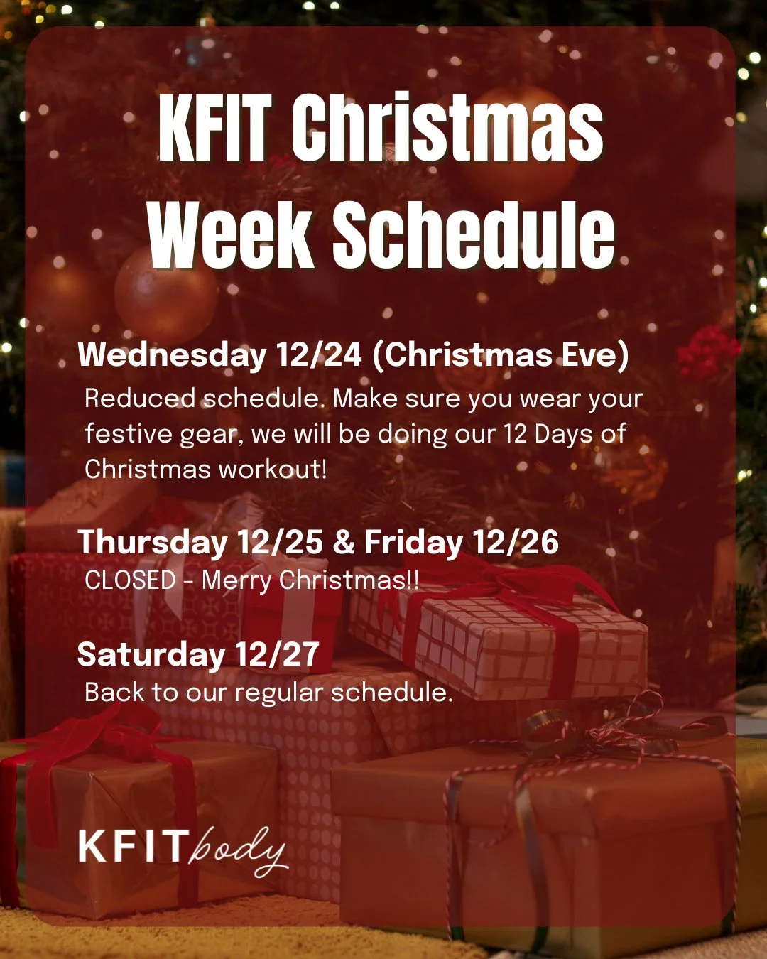 🗓️ Holiday Schedule Changes 🗓️⁠
⁠
With the upcoming holidays, our class schedule has some changes - here's what you can expect in the next two weeks:⁠
⁠
🎄 Christmas Week Schedule:⁠
- Wednesday 12/24: Reduced schedule + our annual 12 Days of Christ