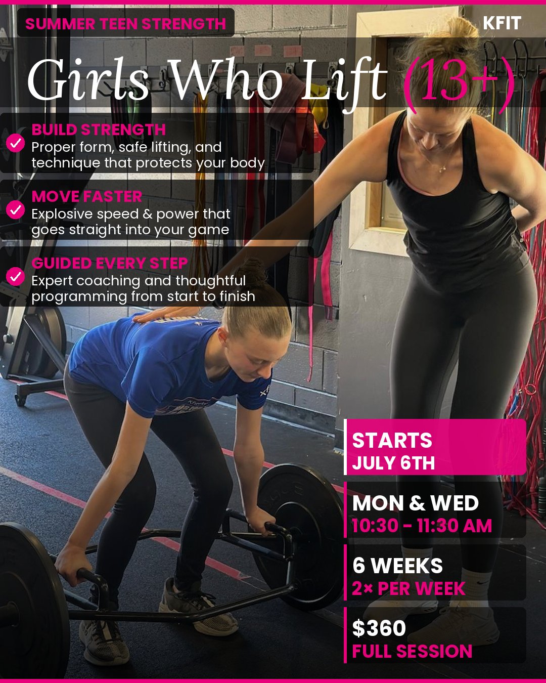 Now enrolling for our Girls Who Lift (13+) Summer Session!🏋🏽&zwj;♀️⁠
⁠
Confidence starts with competence. This is a space built specifically for girls to learn, grow, and get strong the right way.⁠
⁠
What makes us different:⁠
⁠
🖤 ALL-GIRLS ENVIRON