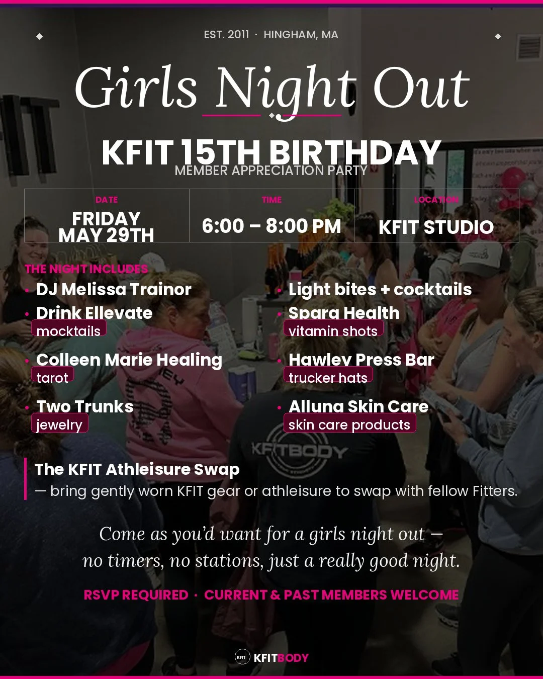 🎉 KFIT is turning 15 ⁠
⁠
Join us for a Girls&rsquo; Night Out filled with connection, laughter, good eats, shopping, celebrating, and all the energy that makes KFIT feel like home, no workout clothes required (unless that&rsquo;s your vibe 😉).⁠
⁠
W